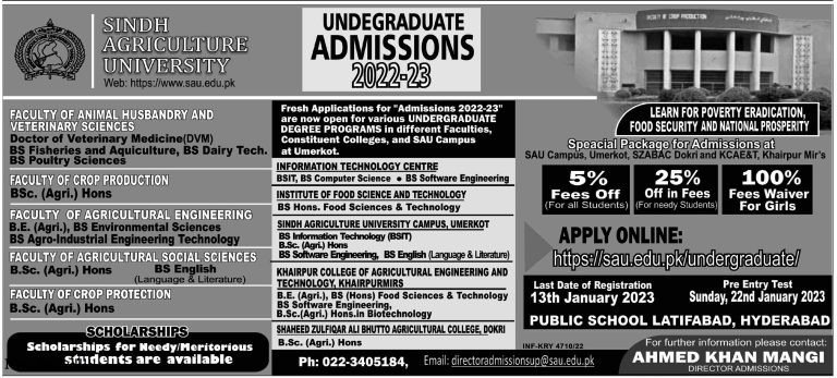 Sindh Agriculture University Tandojam Admissions 2025