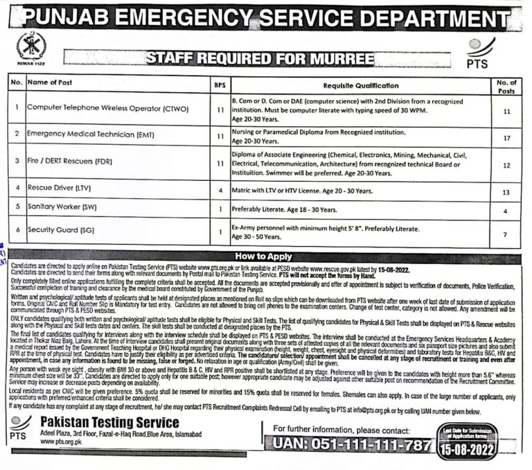 Rescue 1122 Jobs 2022 Punjab PTS Application Form Download Test Date