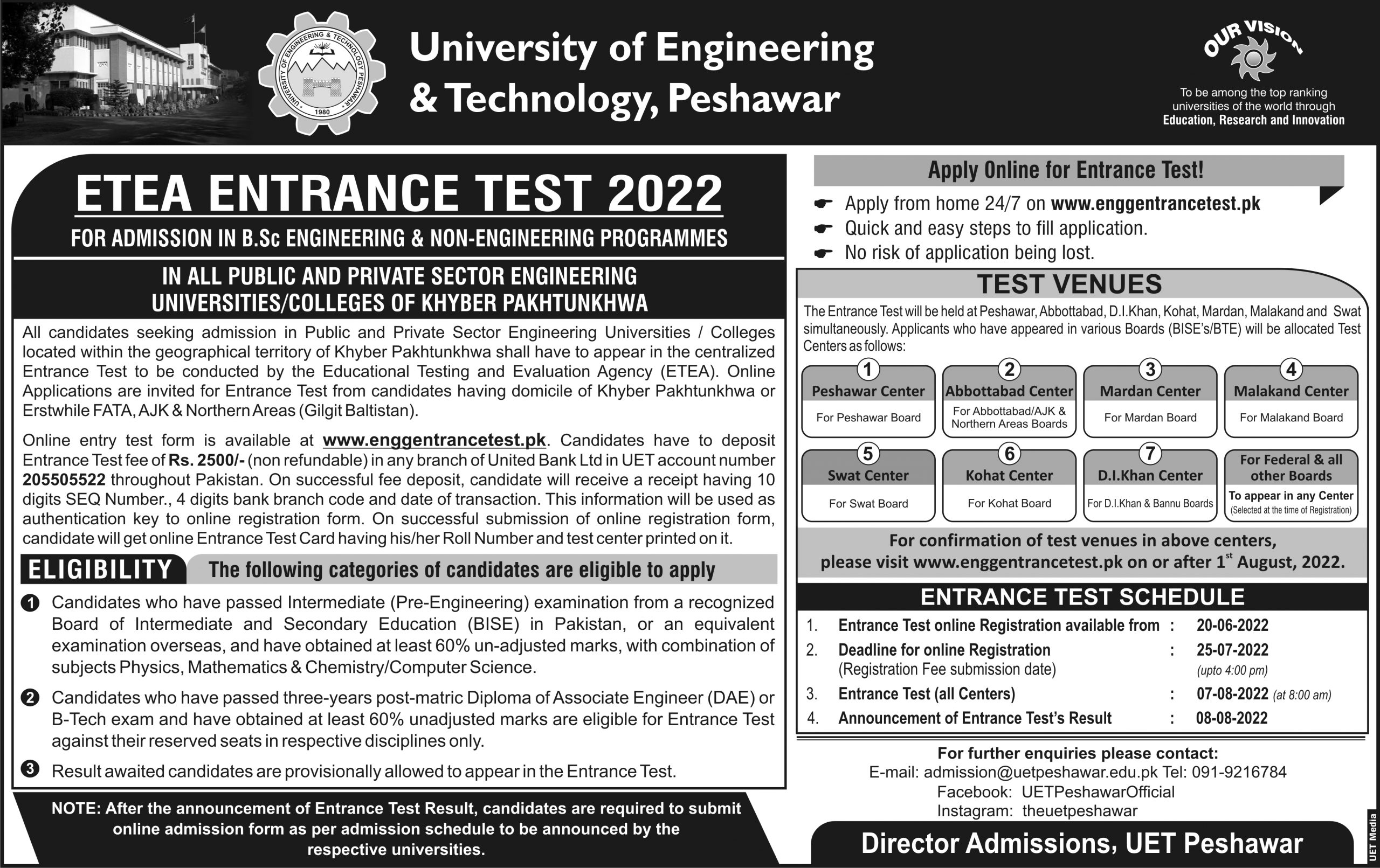 ETEA Entry Test Date 2022 For Engineering