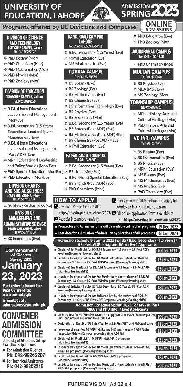 University of Education Lahore Admissions 2023