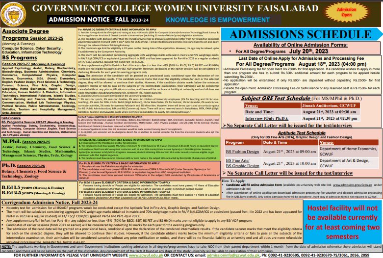 Government College Women University Faisalabad Admission 2023