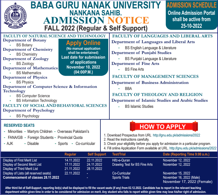 Baba Guru Nanak University Admission 2022 Last Date