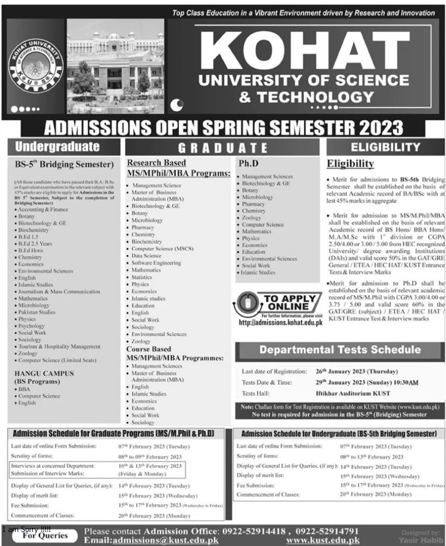 Kohat University of Science And Technology KUST Admission 2023