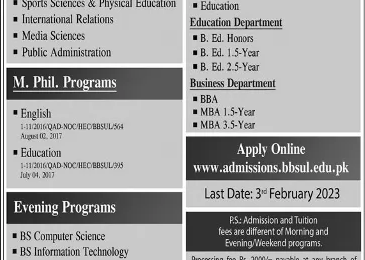 Benazir Bhutto Shaheed University Karachi Admission 2023
