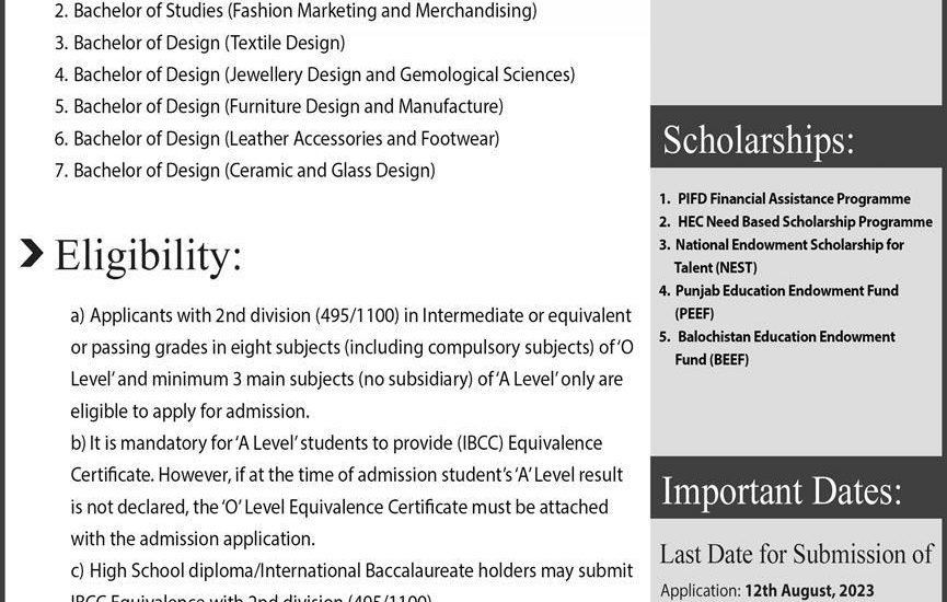 PIFD Lahore Admission 2023 Pakistan Institute of Fashion and Design