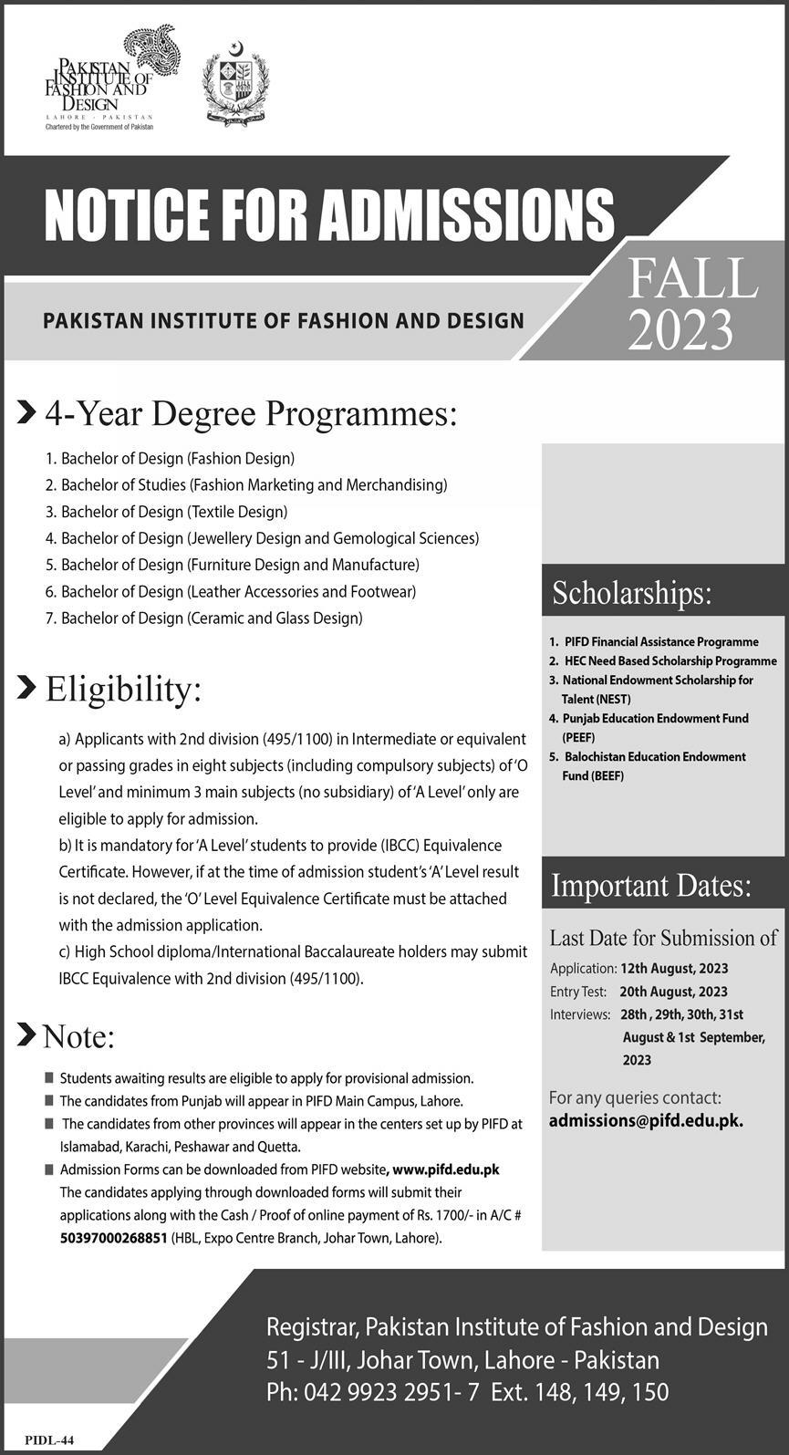 PIFD Lahore Admission 2023