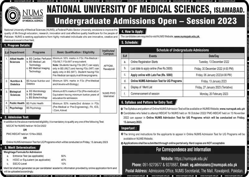National University Of Medical Sciences Admission 2023