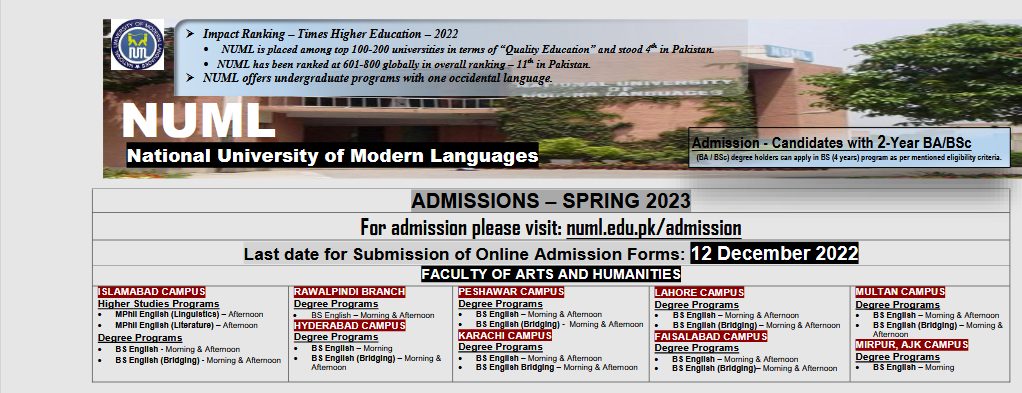 NUML University Karachi Admission 2023