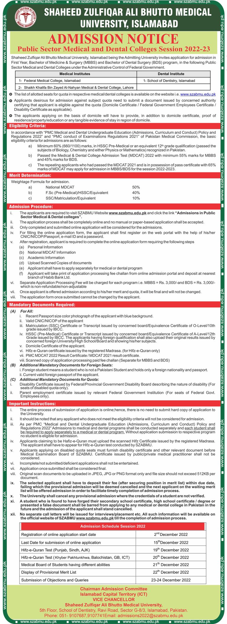 SZABMU Merit List 2025 Shaheed Zulfiqar Ali Bhutto Medical University