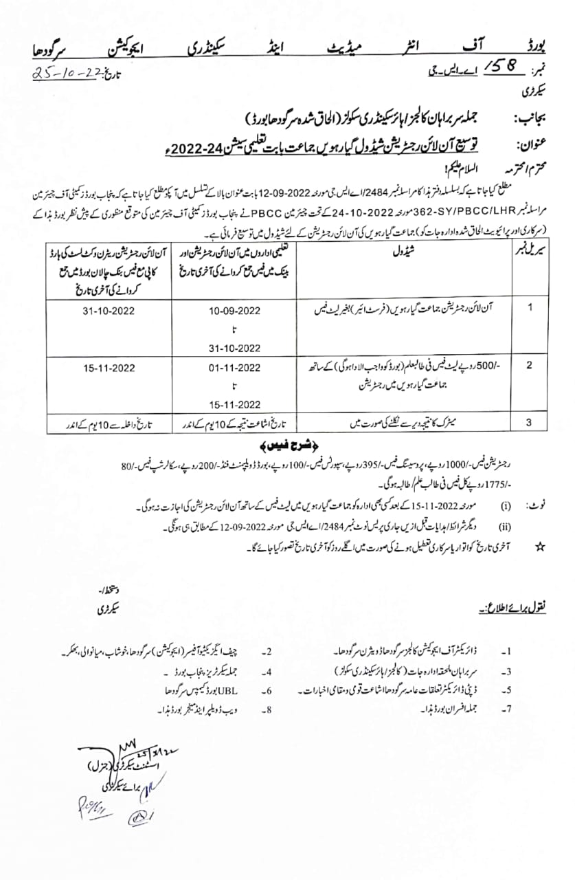 Sargodha Board 9th Class Admission Form 2023 Matric Private Online