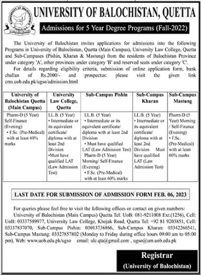 Balochistan University Quetta Admission 2023