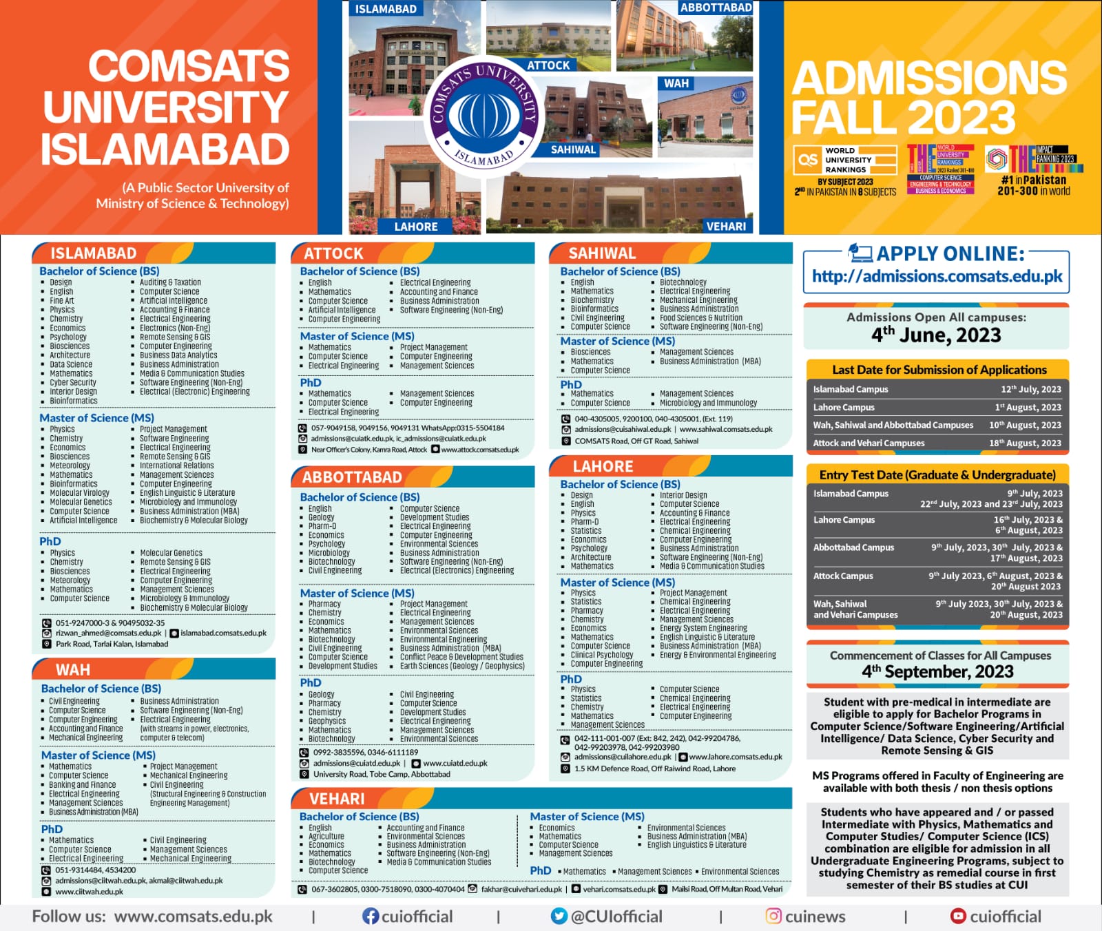 COMSATS Islamabad Admission 2023 Last Date, Advertisement