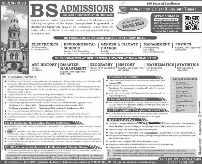 Government College University Lahore BS Admissions 2023