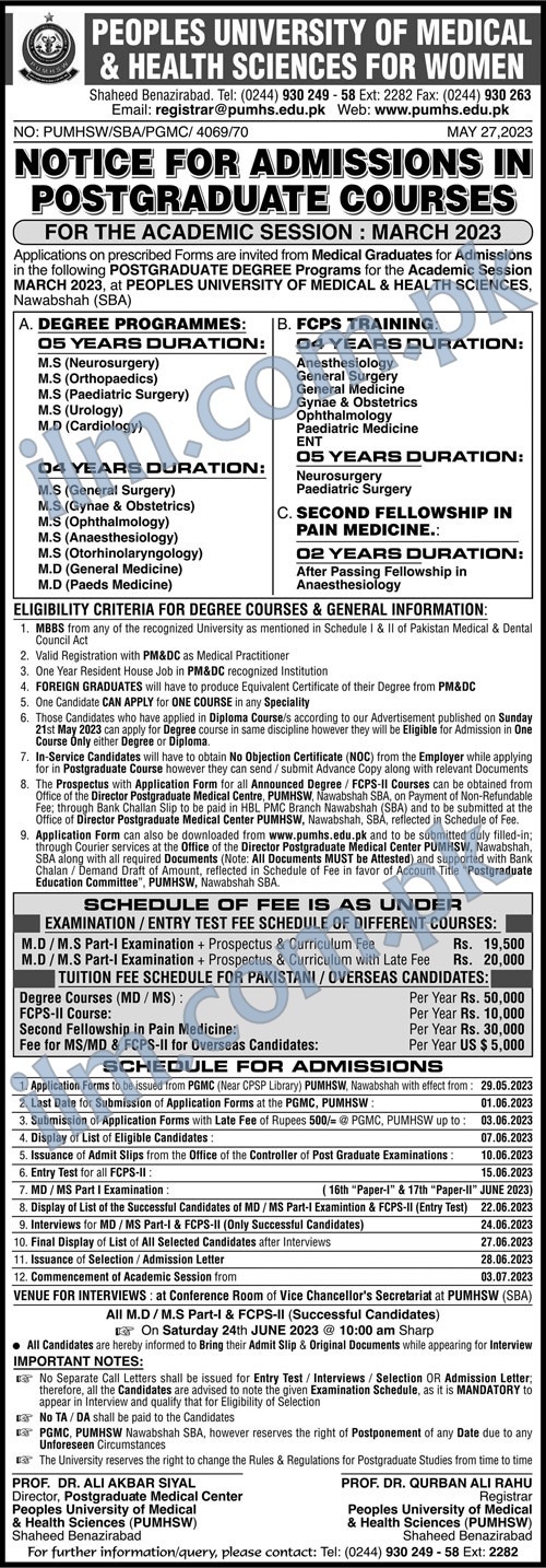 Peoples University Of Medical And Health Sciences For Women Admission 2023