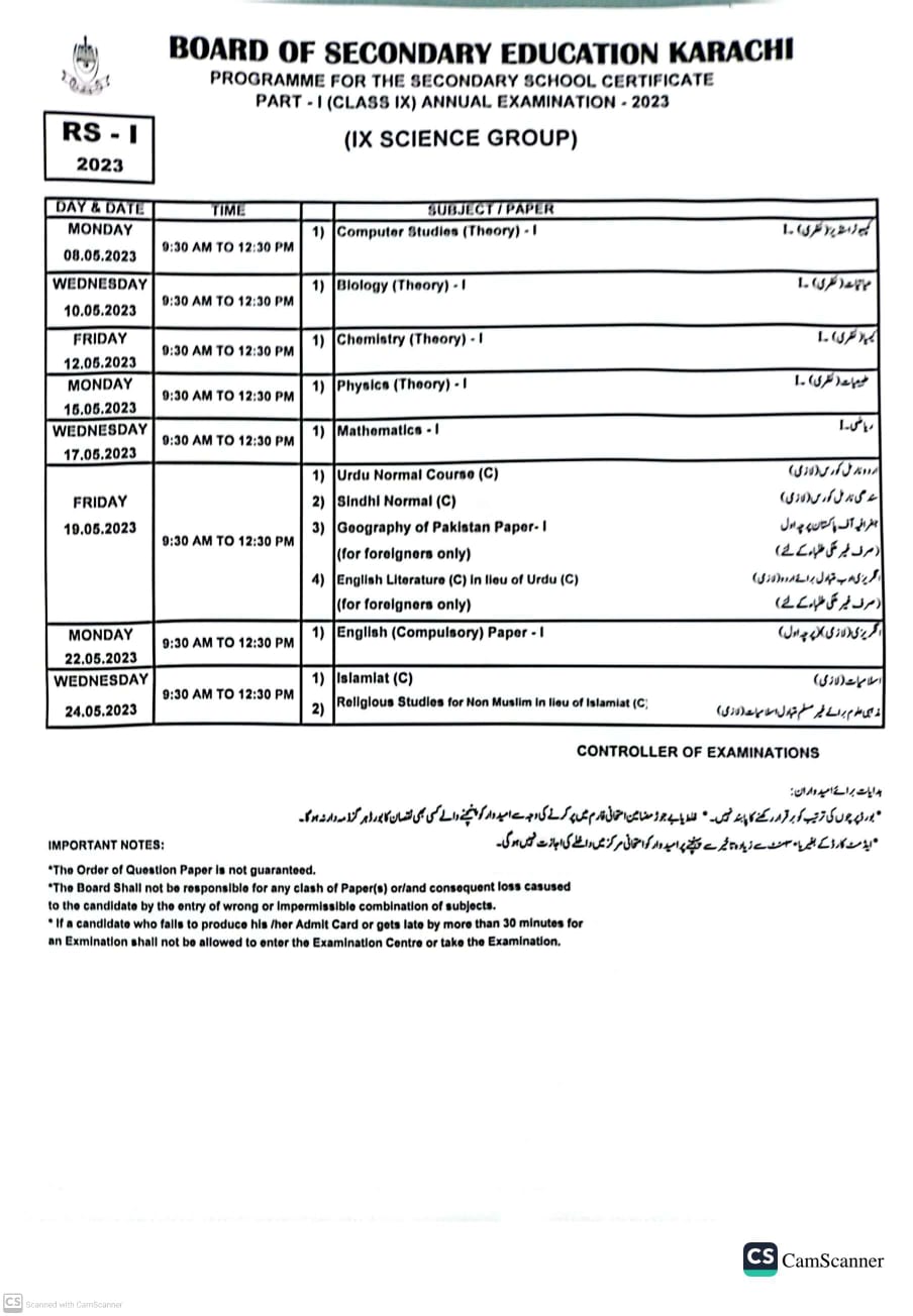 Sindh Board 9th Class Date Sheet 2023