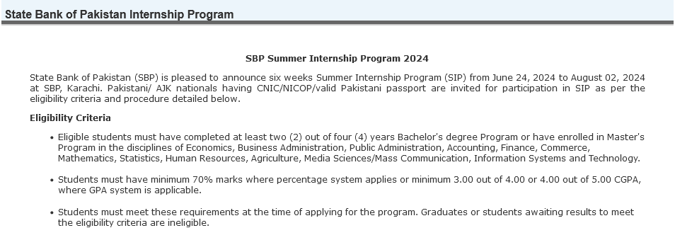 State Bank of Pakistan Internship 2024