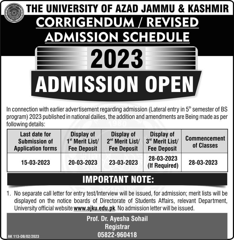 University of Azad and Jammu Kashmir Admission 2025