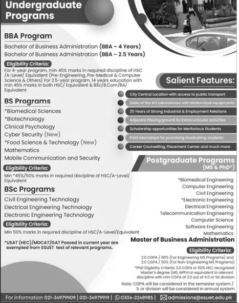 Sir Syed University Of Engineering and Technology SSUET Admission 2023