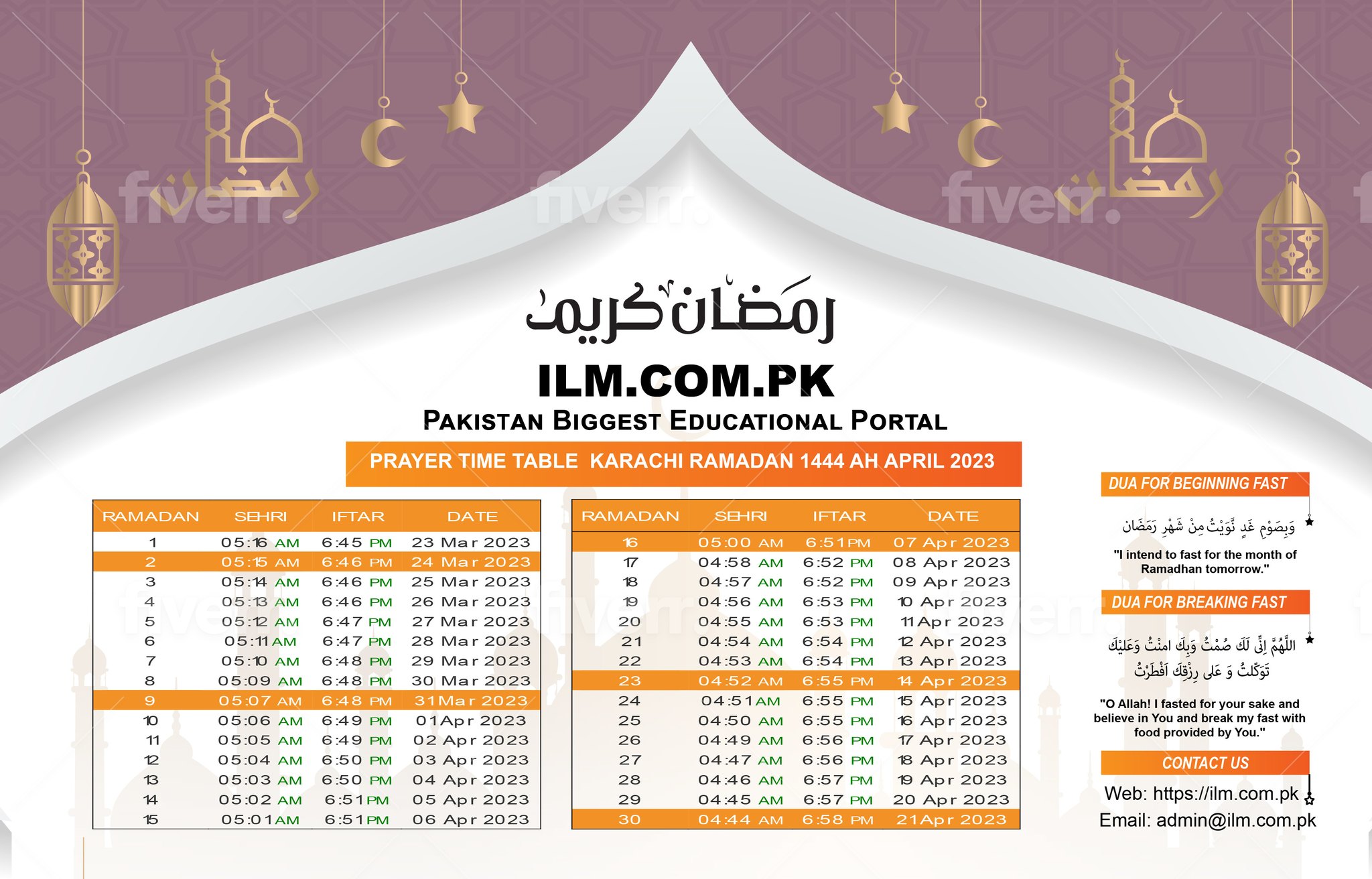 Karachi Ramadan Calendar 2024 Sehri, Iftar Time