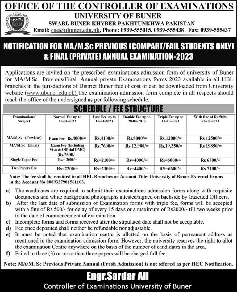 University Of Buner Admissions MA, MSc Admission 2023