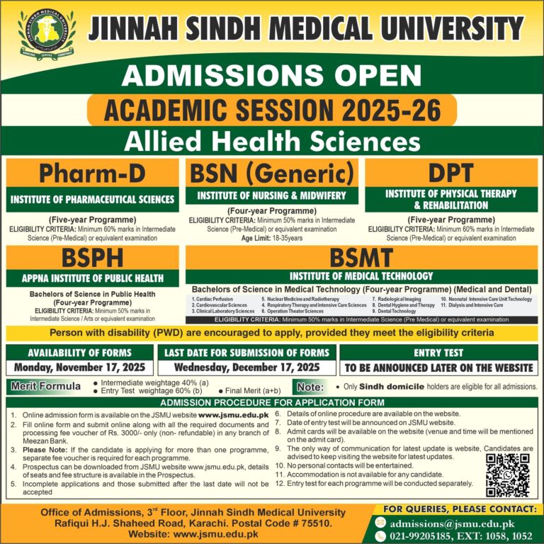 Jinnah Sindh Medical University Karachi Pharm D Admission 2026