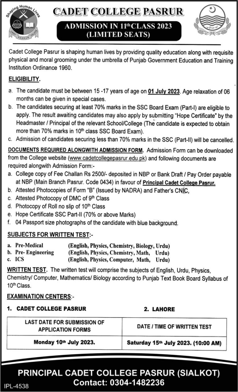 Cadet College Pasrur Admission 2025 Form