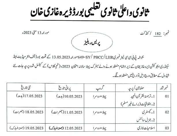DG Khan Board 9th Class Date Sheet 2025