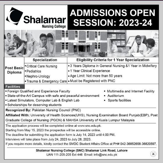 Shalamar Nursing College Lahore Admissions 2023