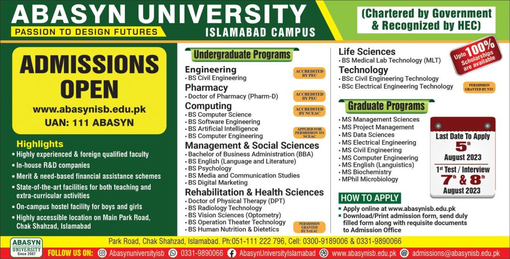 Abasyn University Admission 2023 Form Online Apply