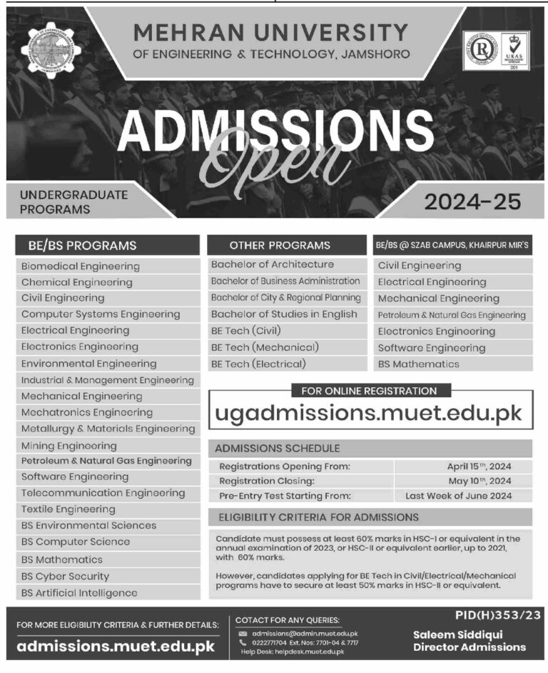 Mehran University Of Engineering And Technology MUET Admission 2025