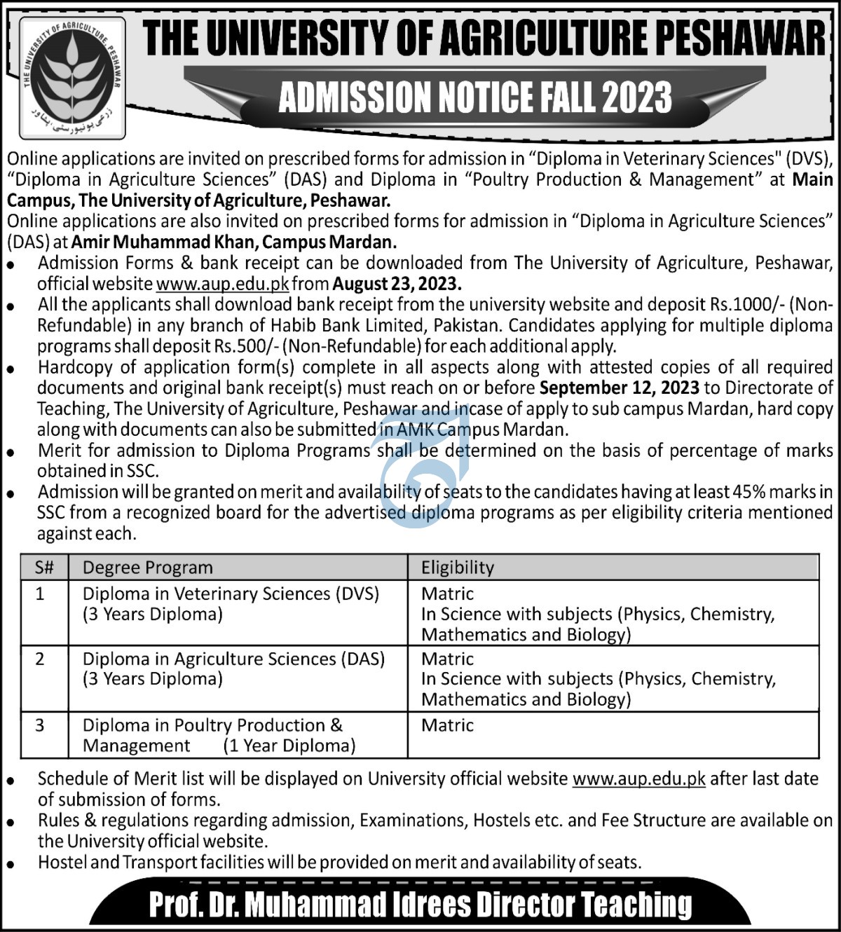 Agriculture University Peshawar Admission 2023