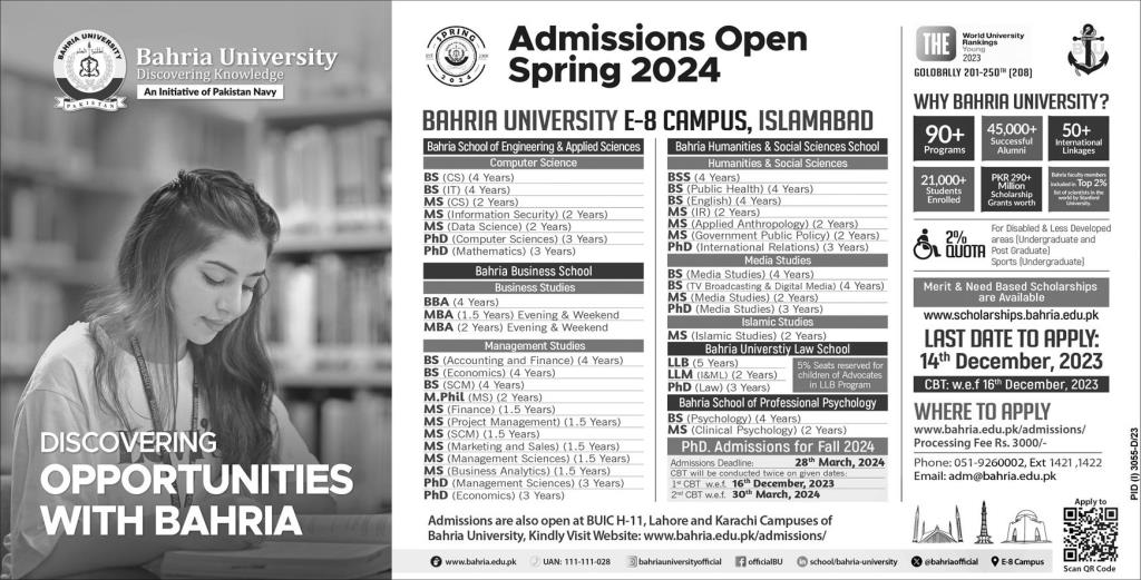 Bahria University Islamabad Admission 2024 Apply Online