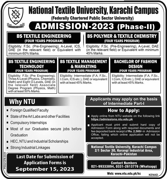 National Textile University Karachi Campus Admission 2023