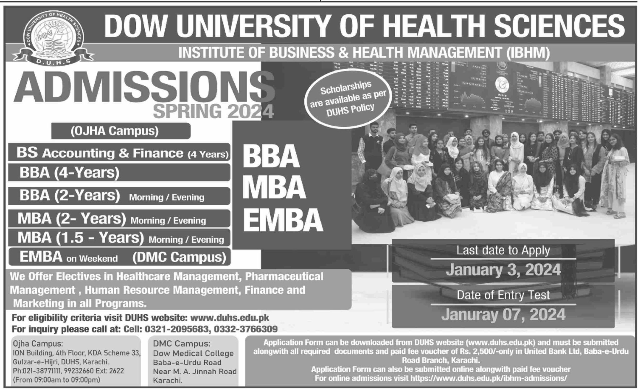 Dow University BBA, MBA Admission 2024 DUHS Form Last Date