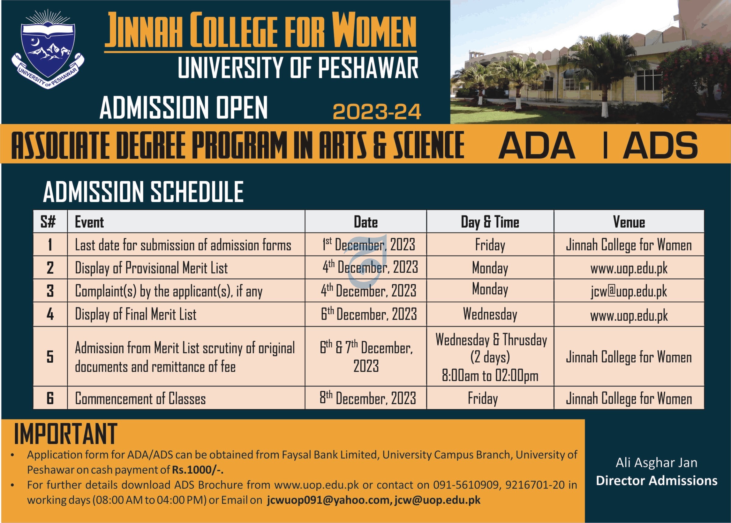 Jinnah College for Women Peshawar Admission