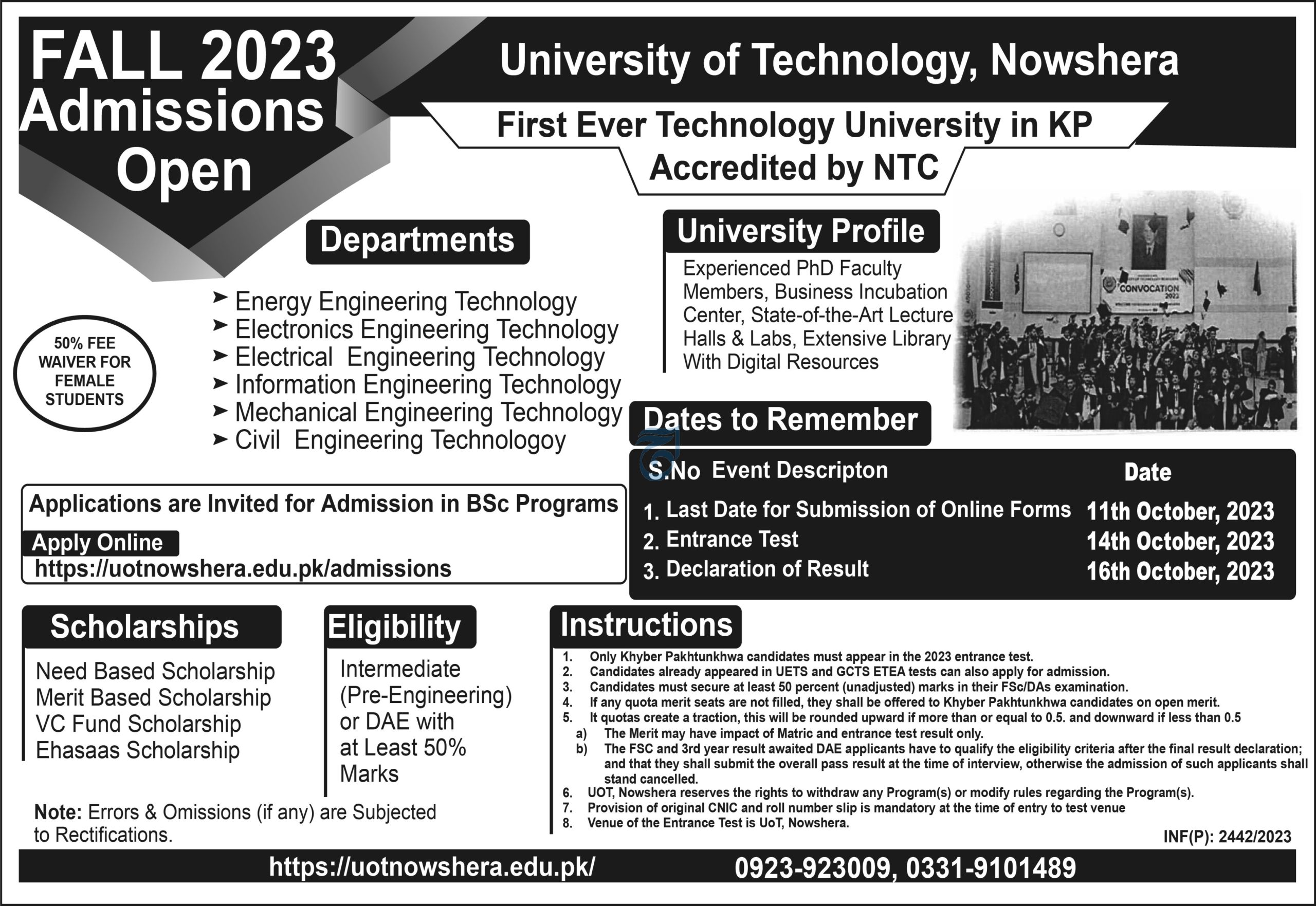 University Of Technology Nowshera Admissions 2023