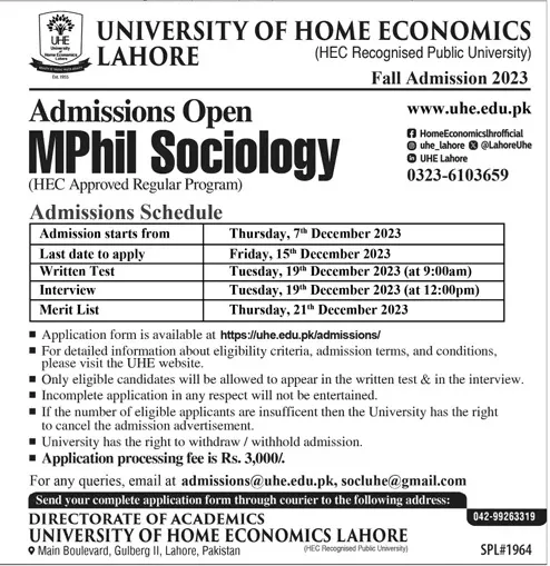 University of Home Economics Lahore Admission 2023