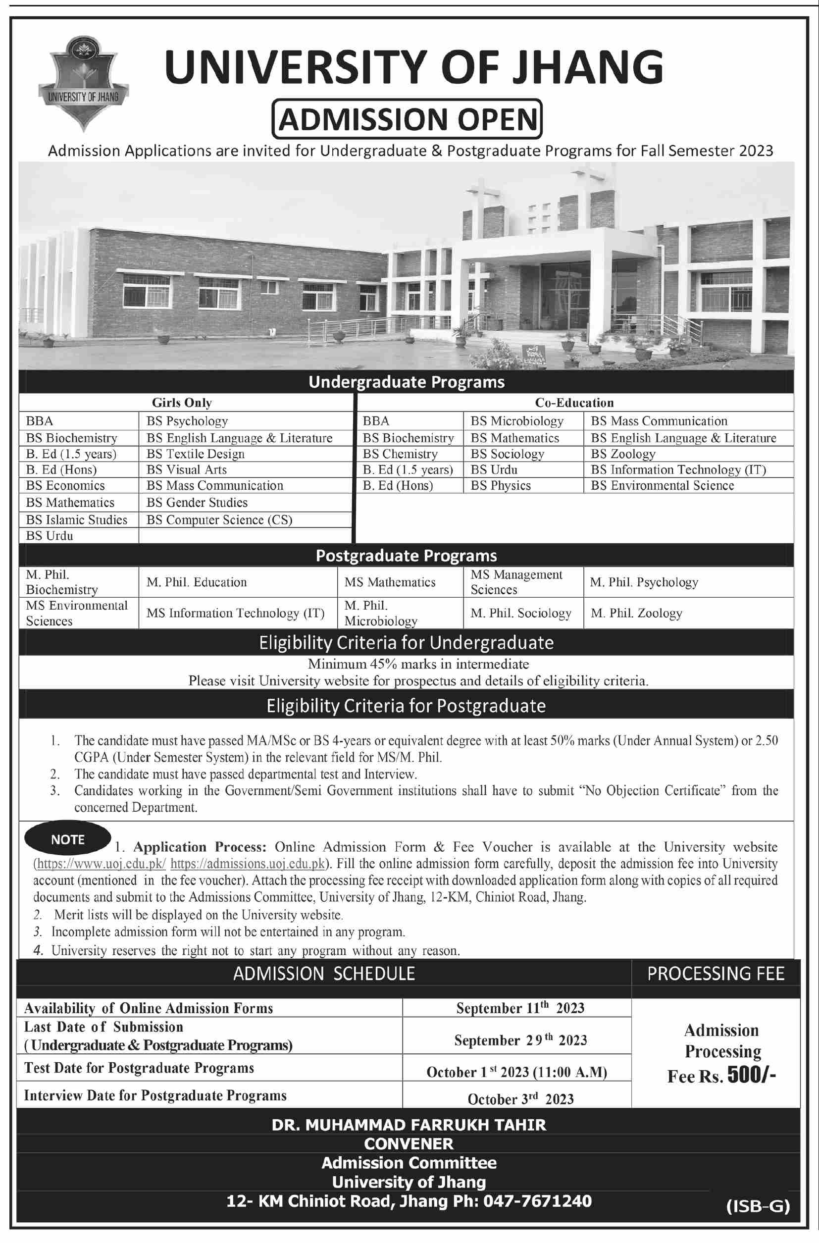 University of Jhang Admission 2023