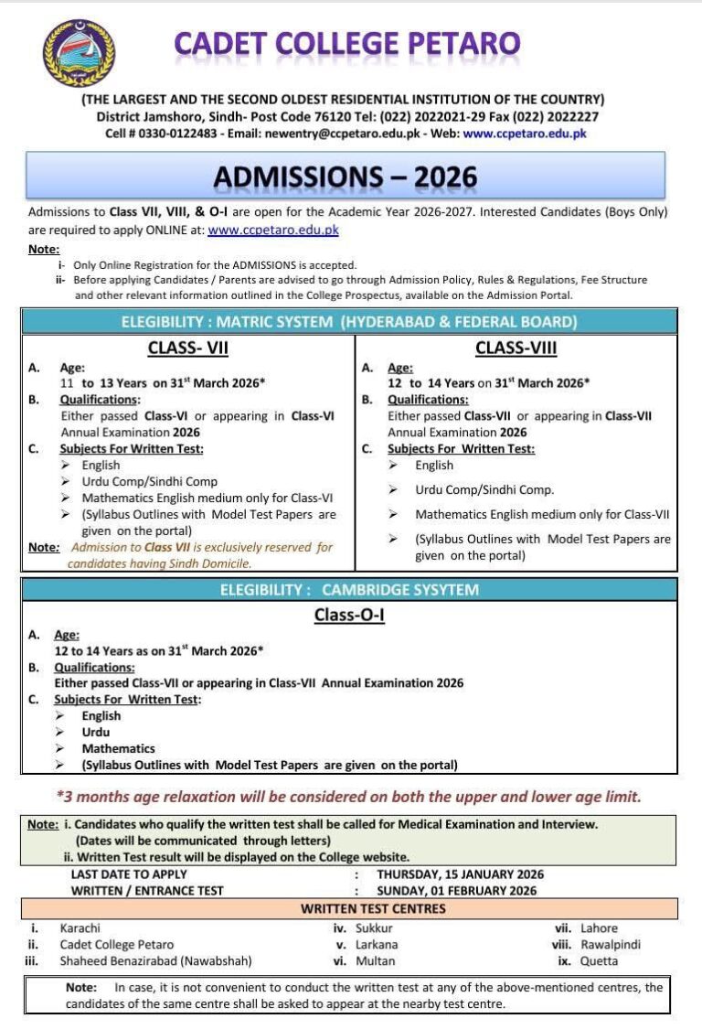Cadet College Petaro Admission 2026 Procedure, Last Date