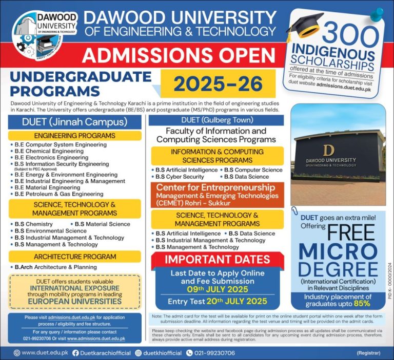 Dawood University Engineering Merit List 2025 Provisional