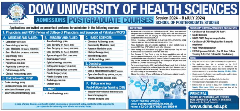 Dow University Of Health Sciences Postgraduate Courses Admission 2025