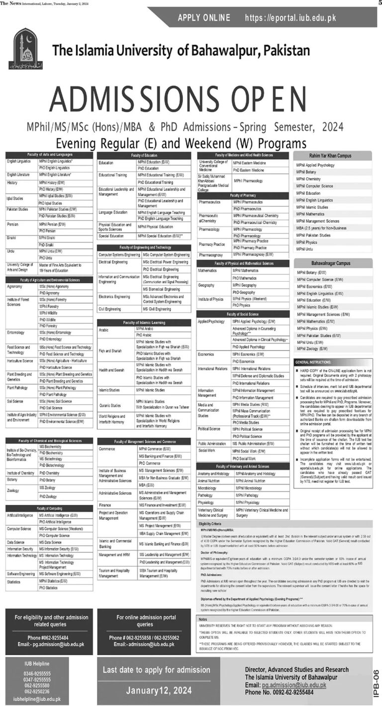 Islamia University of Bahawalpur IUB MPhil, MS, PhD Admission 2024