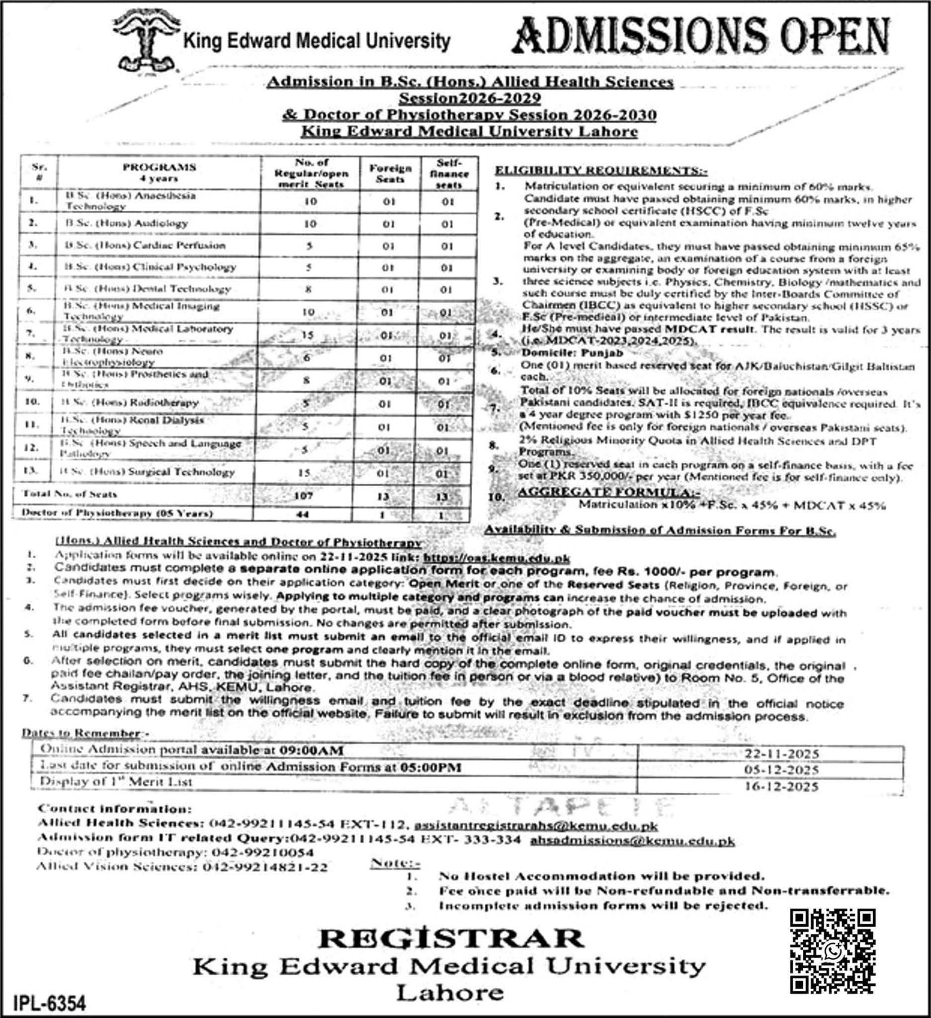 KEMC BSc (Hons) Admission Advertisement 2026