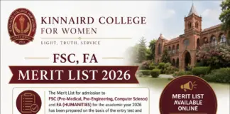 Kinnaird College for Women FSC, FA Merit List 2026 Kinnaird College for Women FSC, FA Merit List
