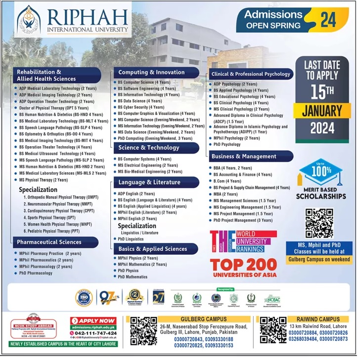 Riphah International University Lahore Admission 2024