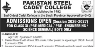 Pakistan Steel Cadet College Admission 2026