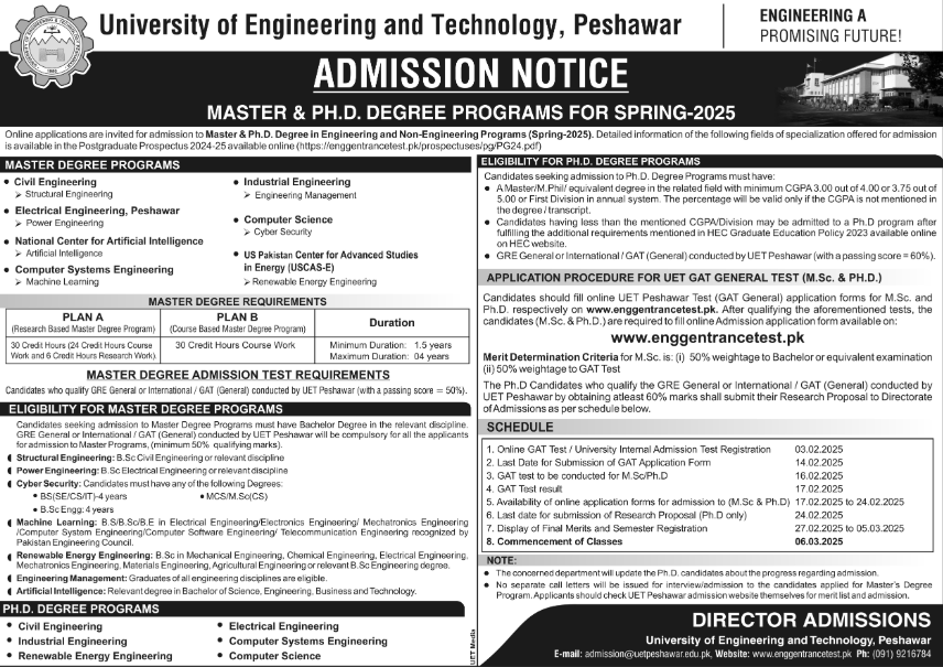 UET Peshawar PhD Admission Spring