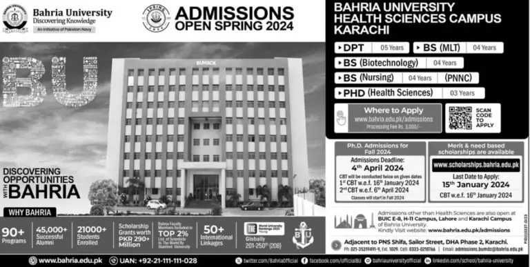Bahria University Medical and Dental College DPT Admission 2025