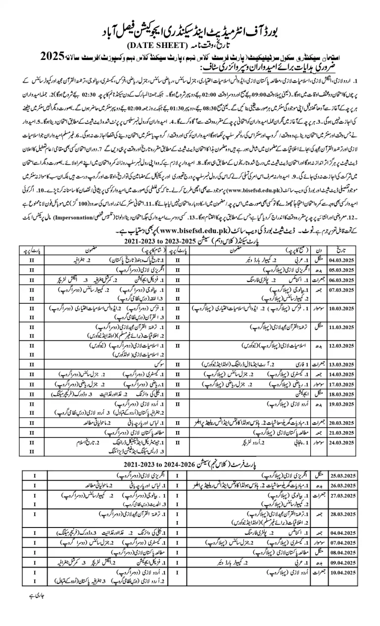Faisalabad Board 9th Class Date Sheet 2025