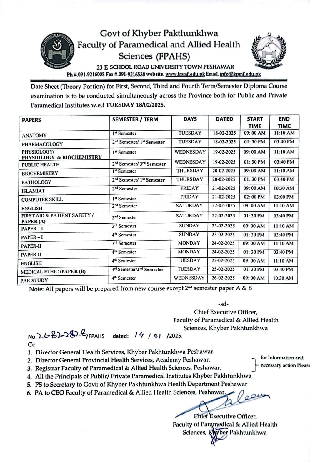 KPK Medical Faculty Exam Date Sheet 2025